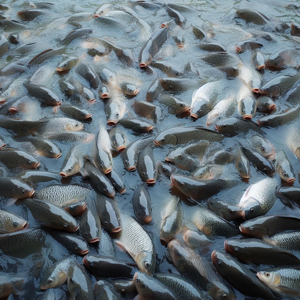 stable rohu fishes are in the pond.