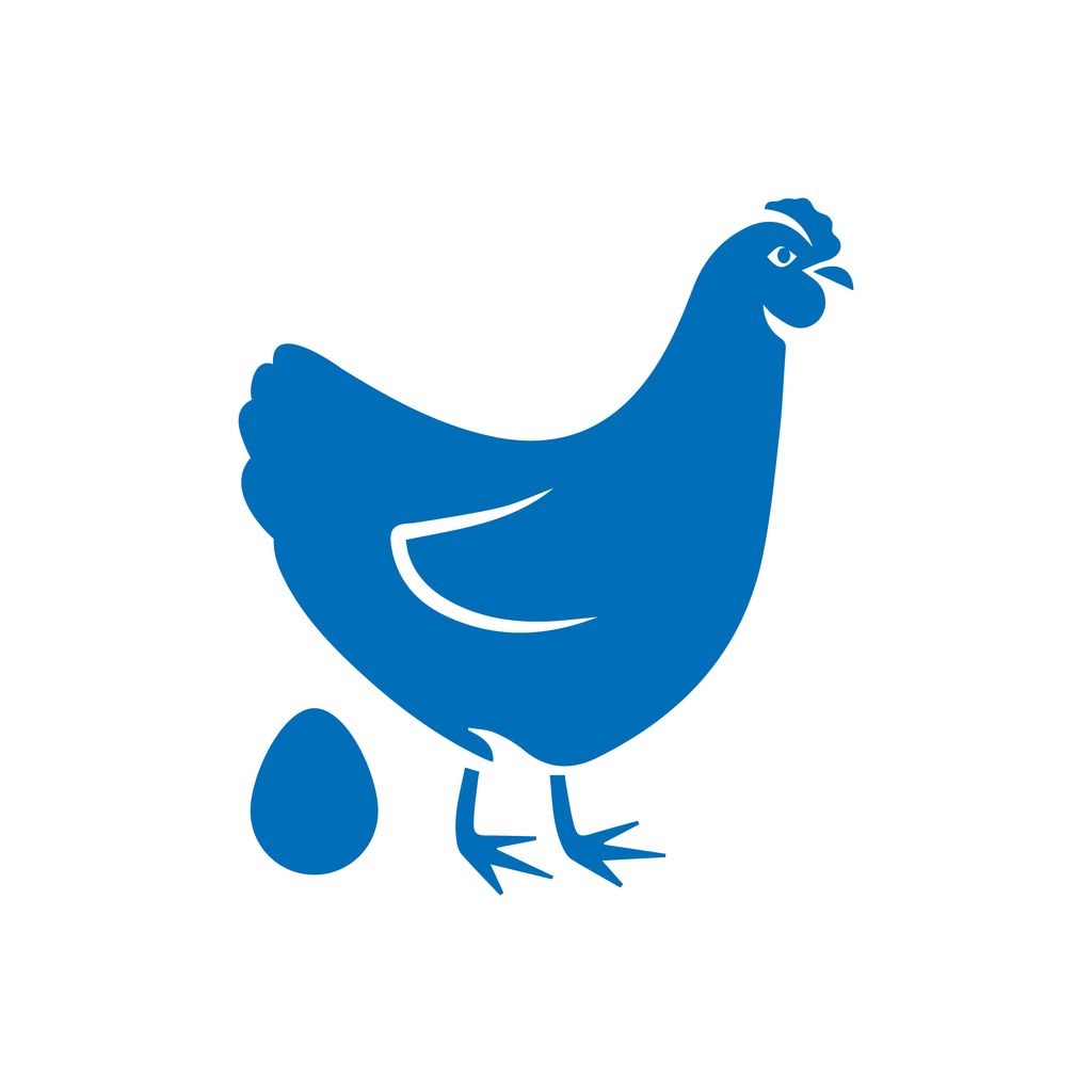 an icon of a laying hen and an egg in blue color.