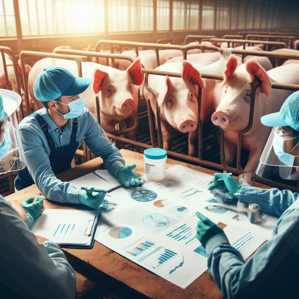 mens are explaining about biosecurity to a stable pigs.