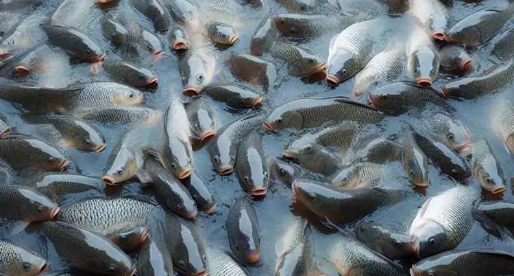 stable rohu fishes are in the pond.